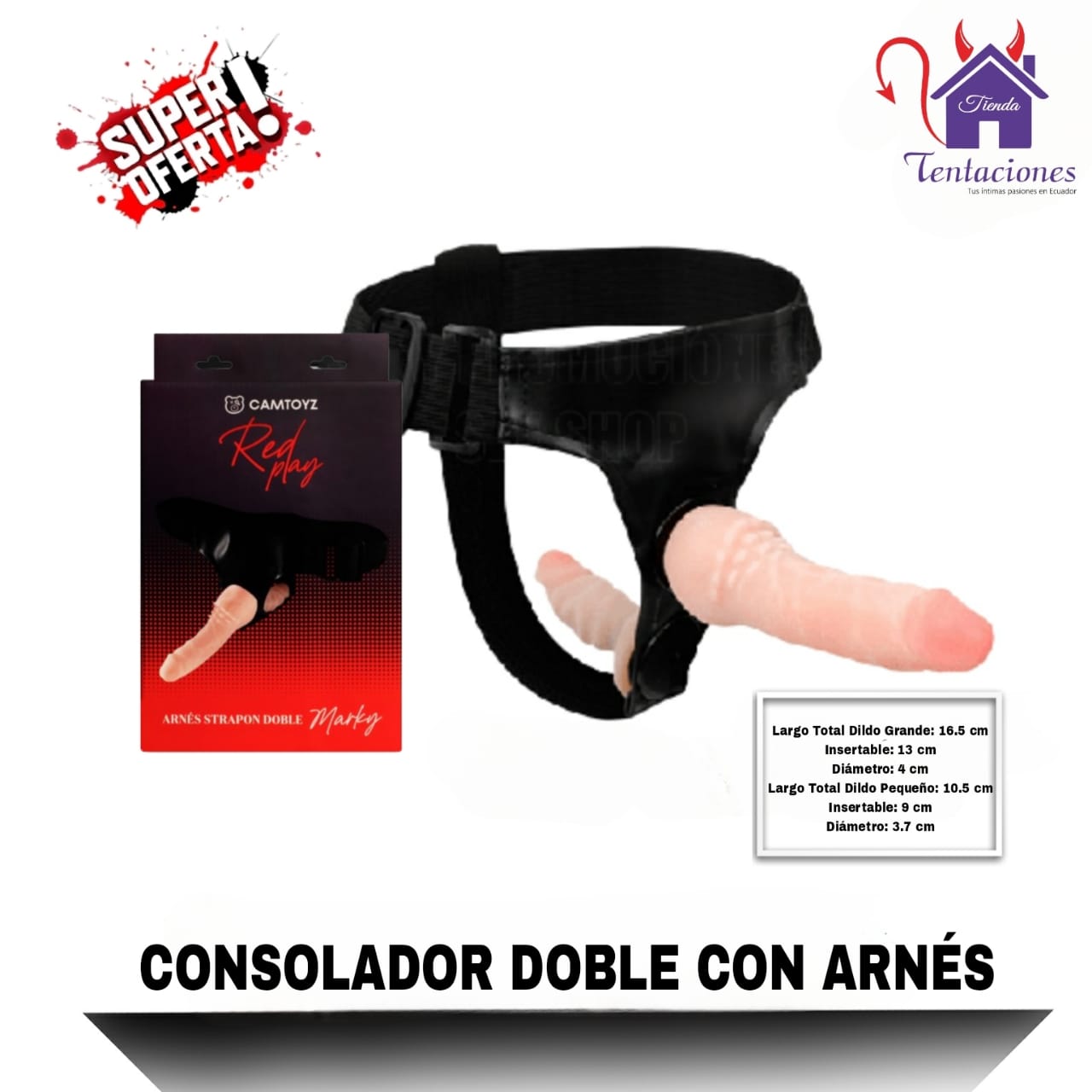 La imagen describe las Medidas y Características del Consolador doble con Arnés