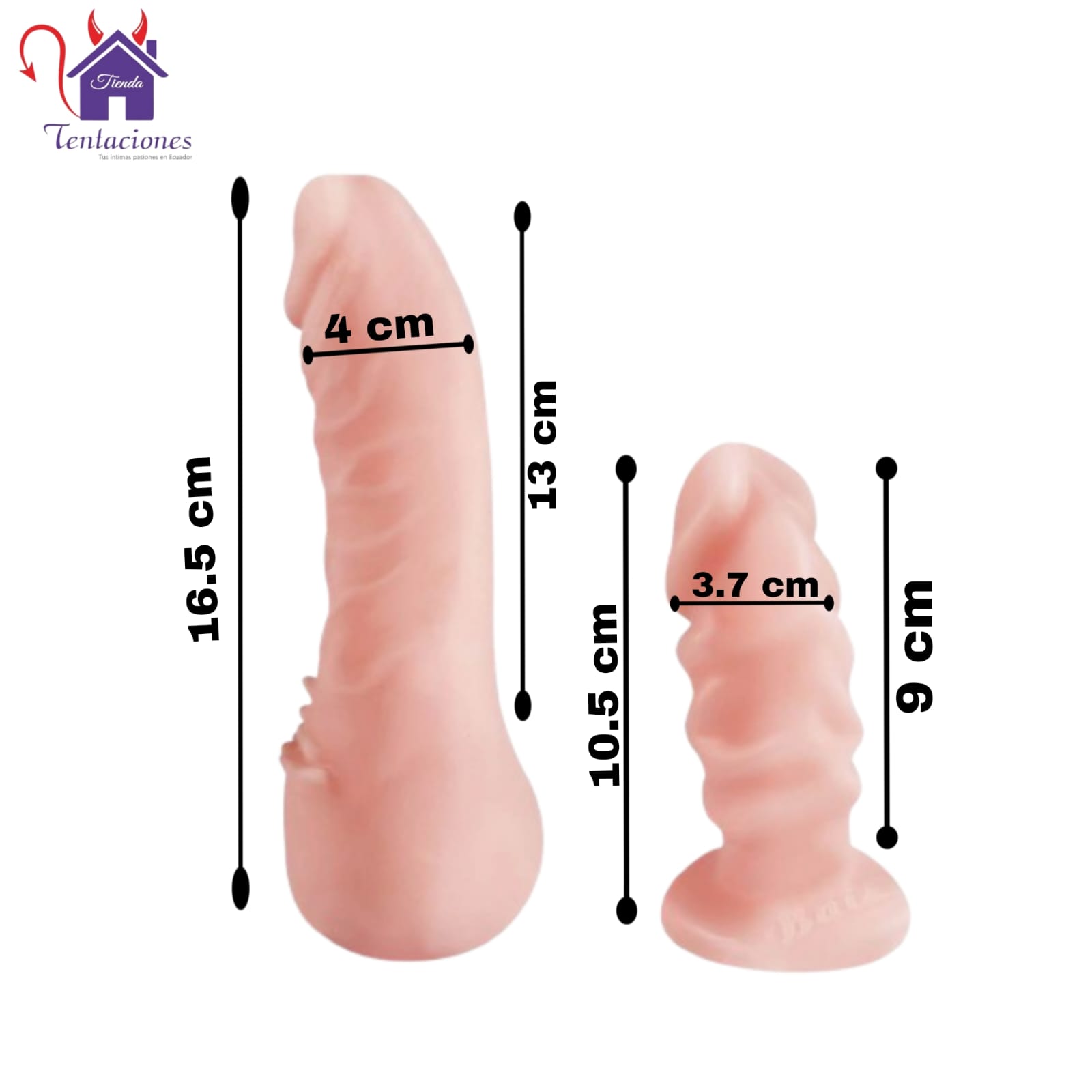 La imagen describe las Medidas y Forma de Uso del Consolador doble con Arnés