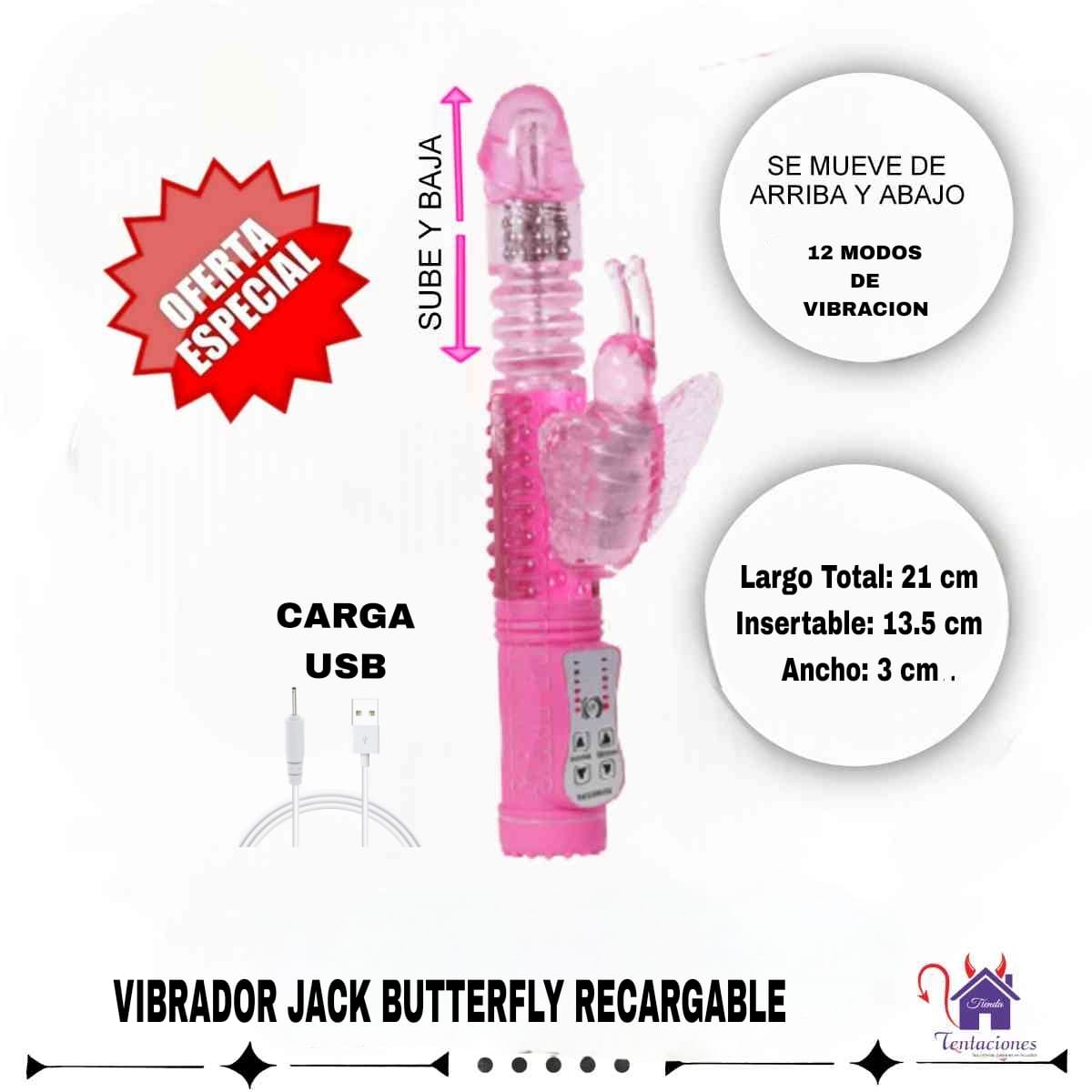 Esta imagen describe las Medidas y Presentación del Vibrador Jack Butterfly Recargable