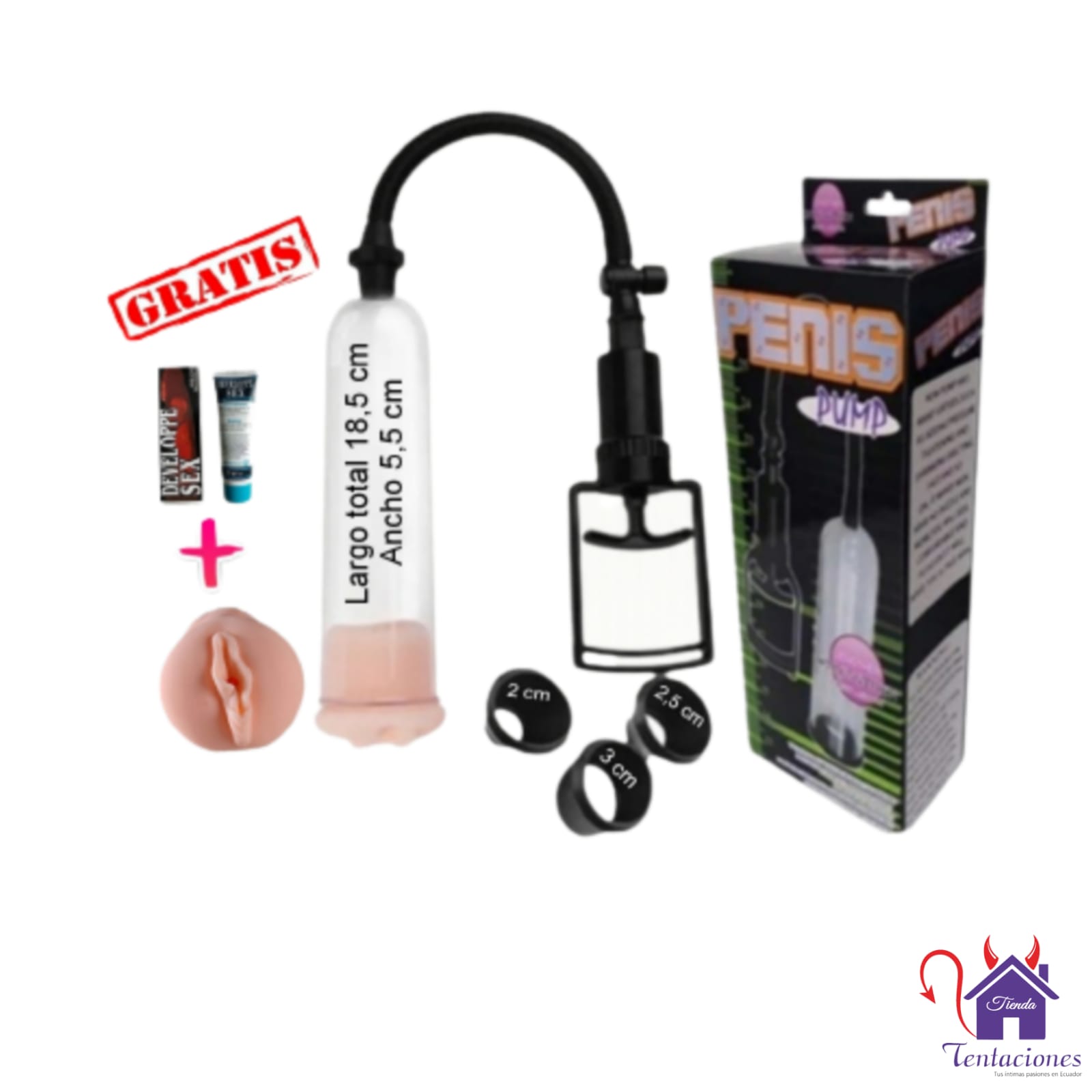 Combo Bomba de Vacio Penis Pump+Crema Developpe-Tienda Tentaciones-Sex Shop Ecuador