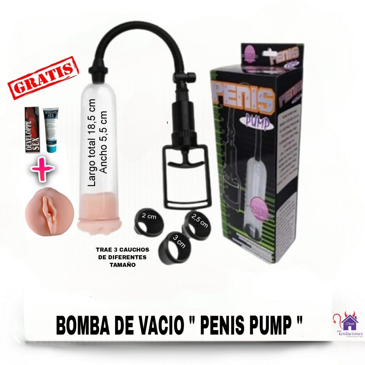 Combo Bomba de Vacio Penis Pump+Crema Developpe-Tienda Tentaciones-Sex Shop Ecuador