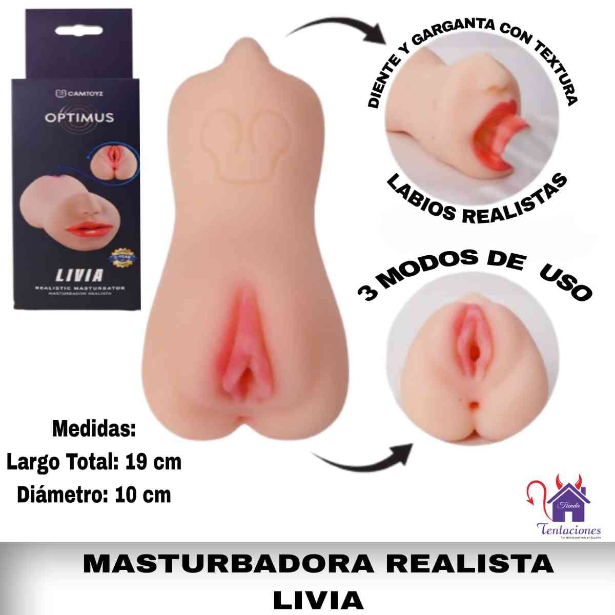 La imagen describe las medidas y características del Masturbador Realista Livia