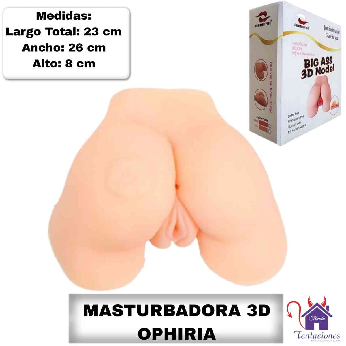 La imagen describe las medidas del Masturbador Vagina Ophiria