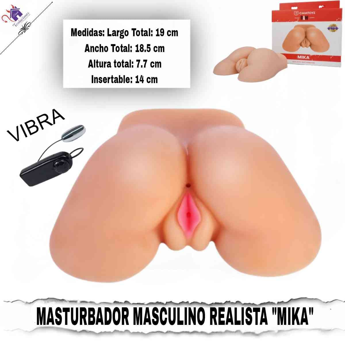 La imagen describe las medidas del Masturbador Vagina Mika con Vibración