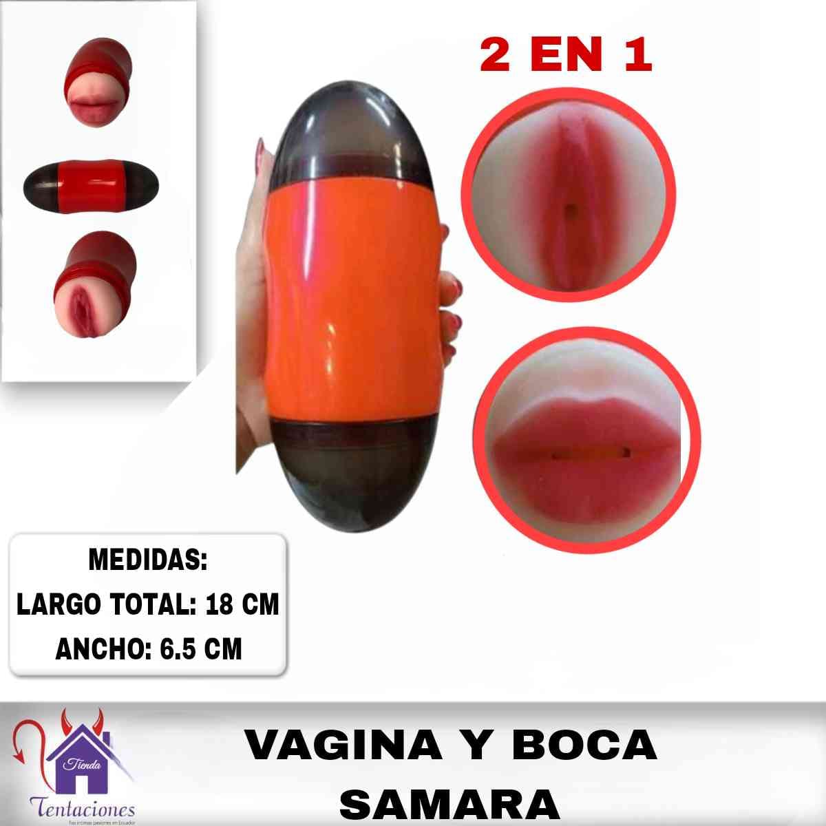 La imagen describe las Medidas y Presentación de la Vagina-Boca -Masturbadora Samara