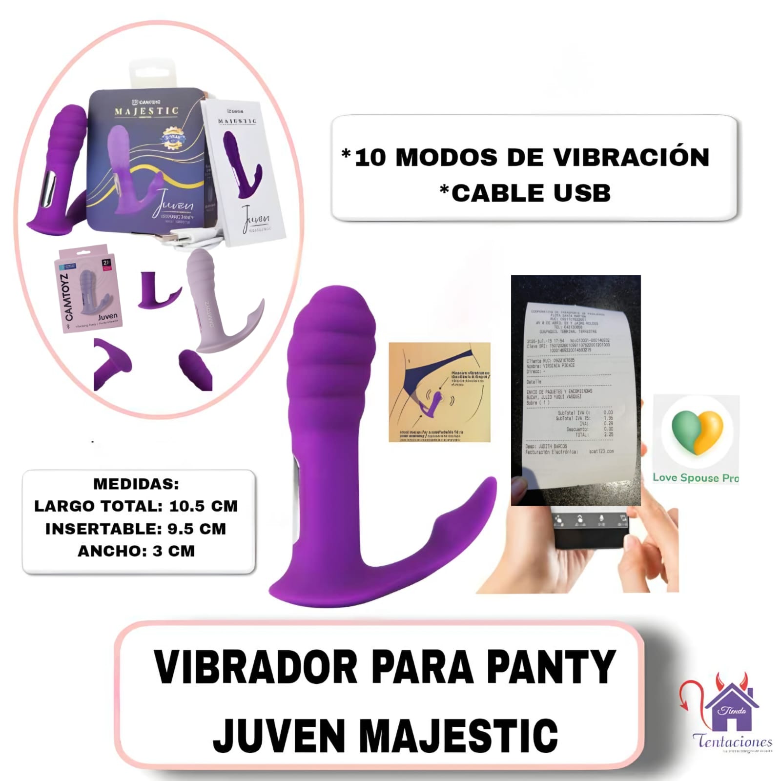 Esta imagen describe las Características y Presentación del Vibrador para Panty Juven Majestic
