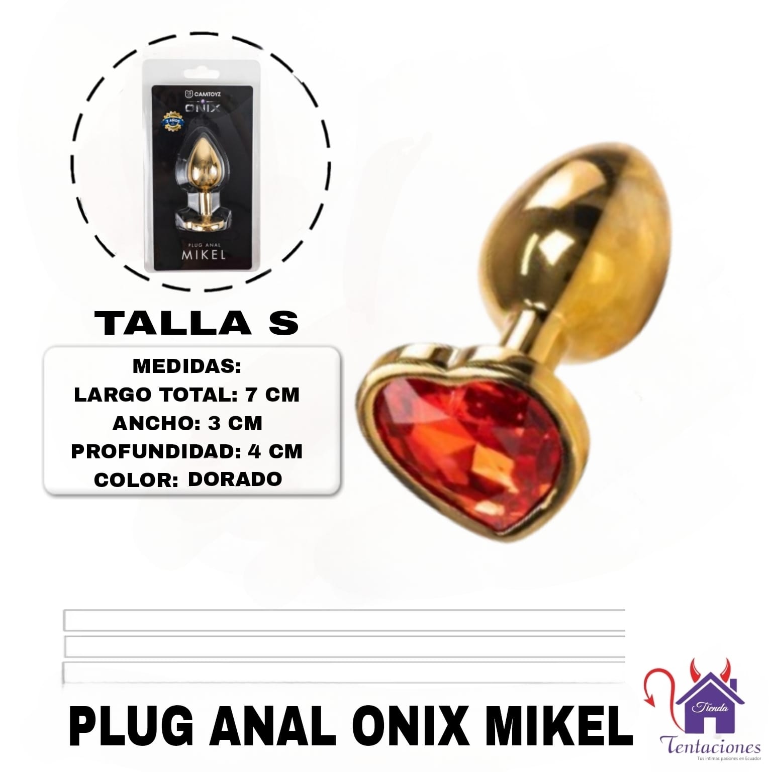 La imagen describe las Medidas y Características del Plug Anal Onix Mikel-Dorado de Corazón-Talla S