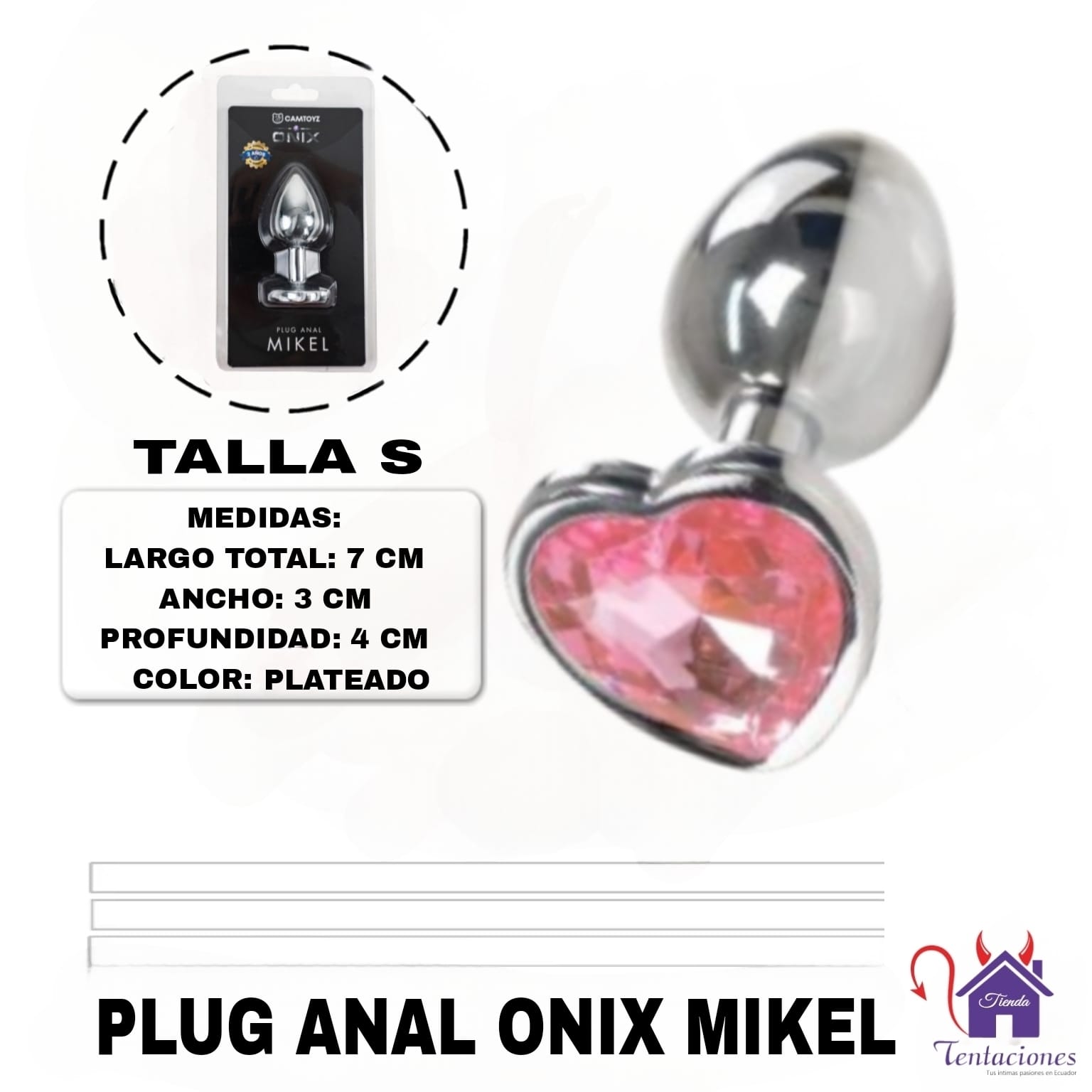 La imagen describe las Medidas y Características del Plug Anal Onix Mikel-Plateado de Corazón-Talla S