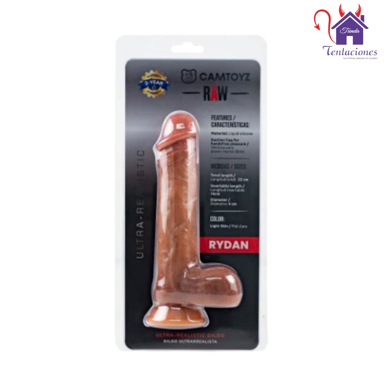 Esta imagen describe la Presentación y Forma de Uso del Dildo Ultra Realista Rydan