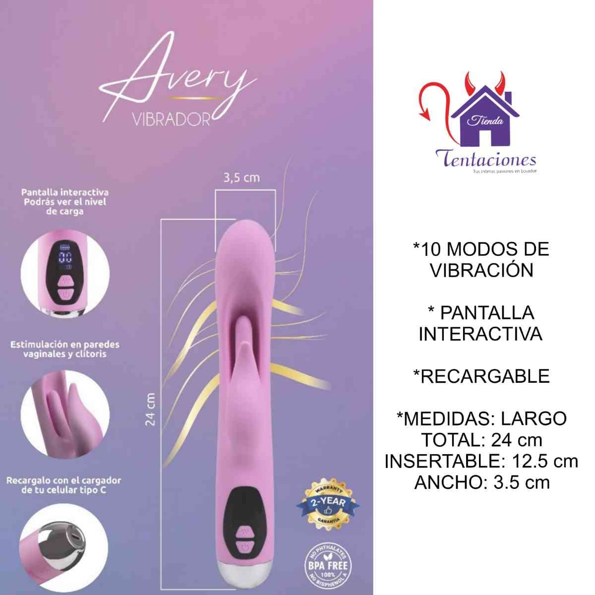 Esta imagen describe la Presentación y Características del Vibrador Avery Majestic Pro
