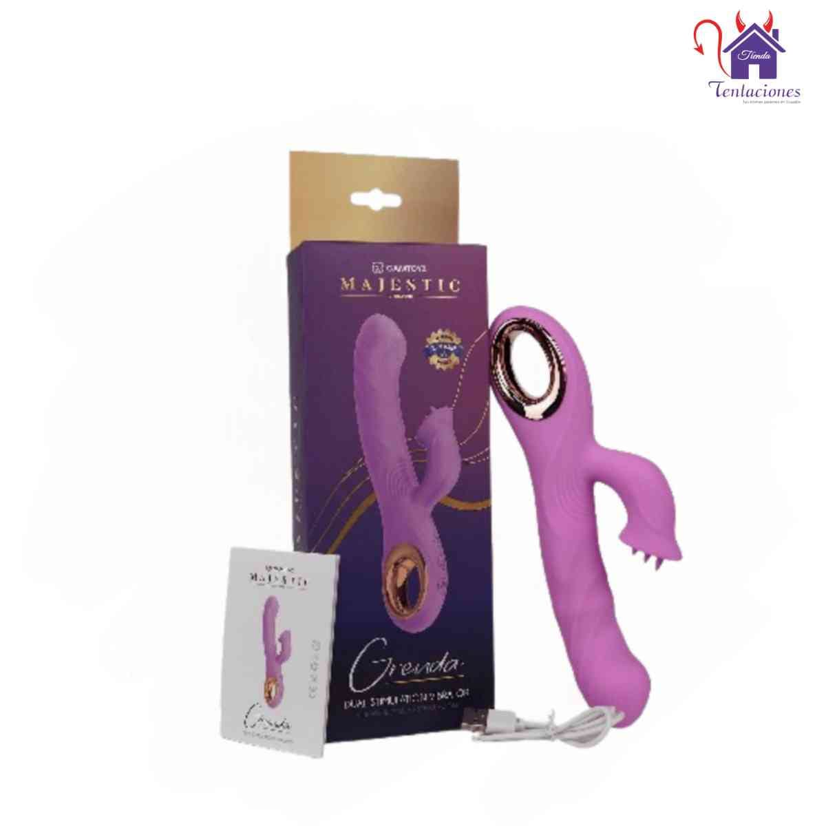 La imagen describe la Forma de Uso y características del Vibrador Grenda Majestic