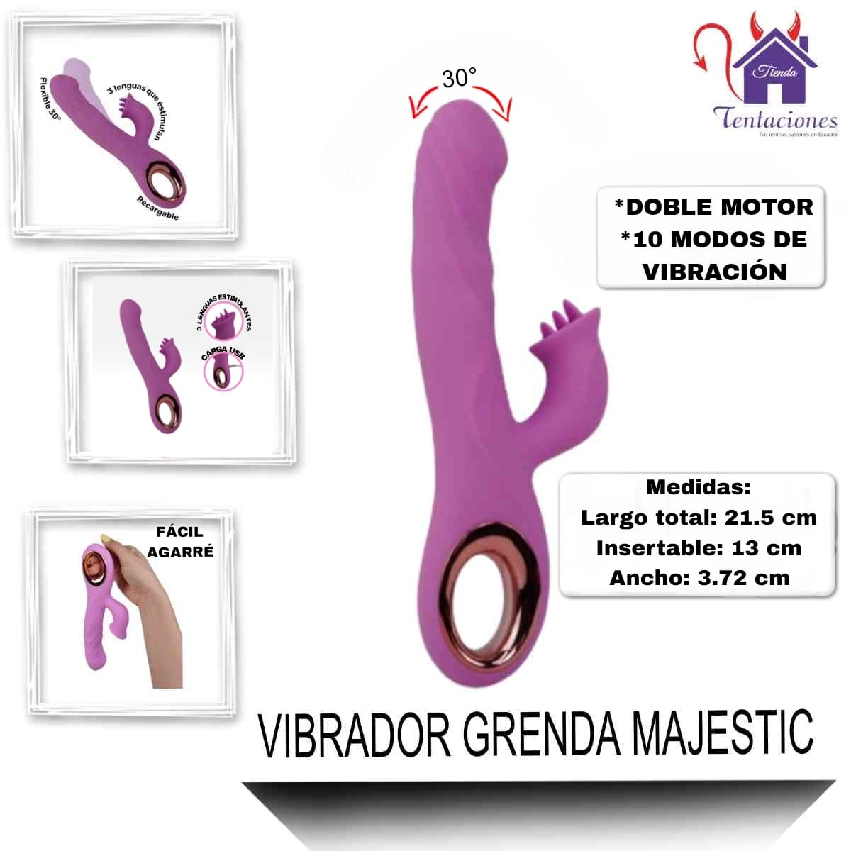 La imagen describe las medidas y características del Vibrador Grenda Majestic