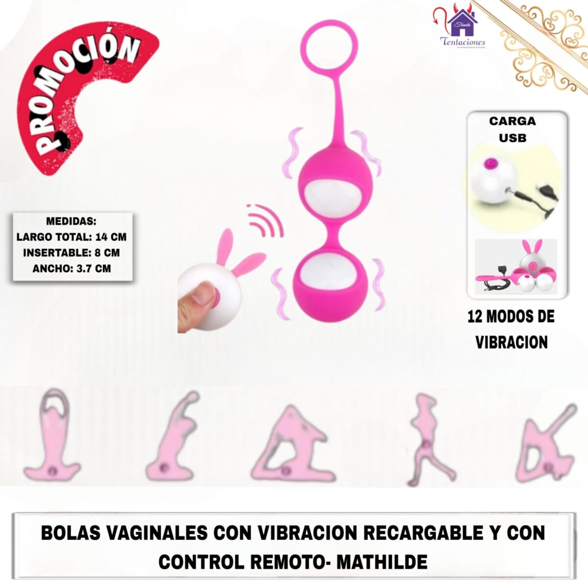 Esta imagen describe la Presentación y Medidas de las Bolas Vaginales con Vibración Recargable y con Control Remoto