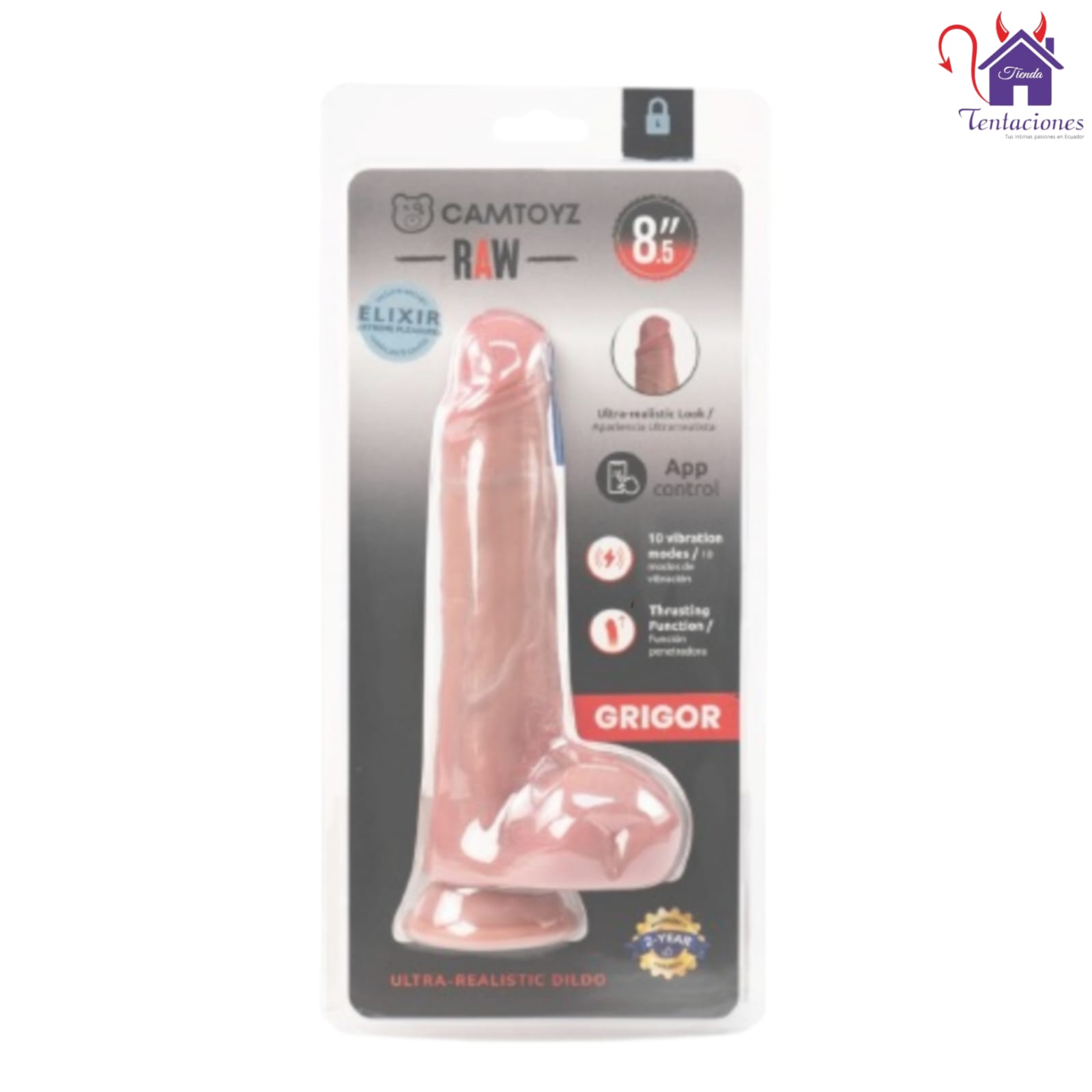 Esta imagen describe la Presentación y Forma de Uso del Dildo Vibrador Telescópico con Aplicación app Grigor