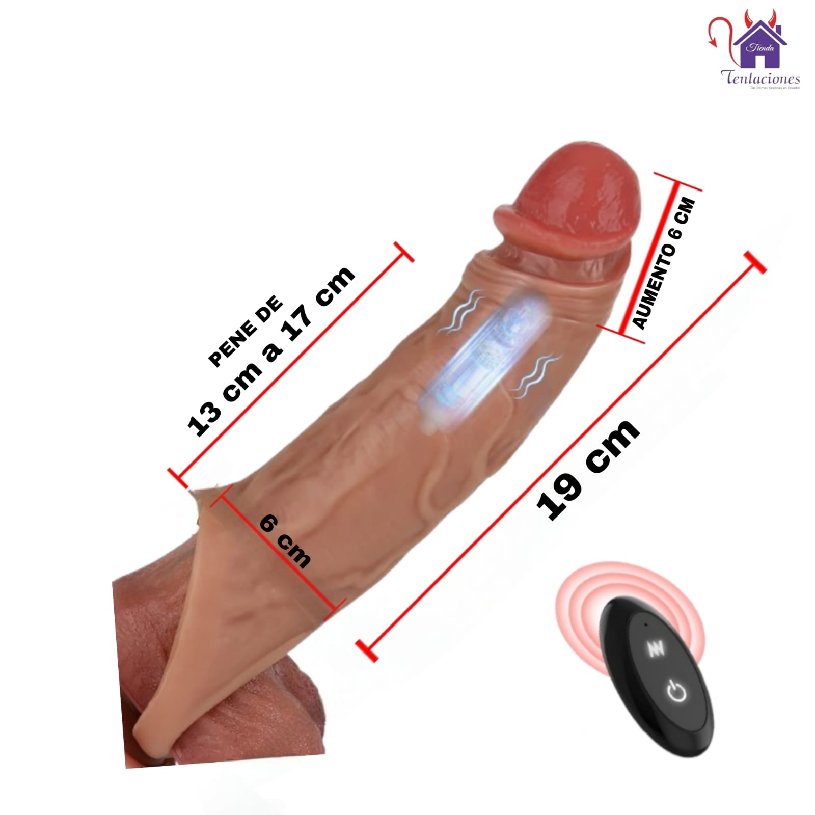 Esta imagen describe la Presentación y Medidas de la Funda Vibradora con Control Touwa