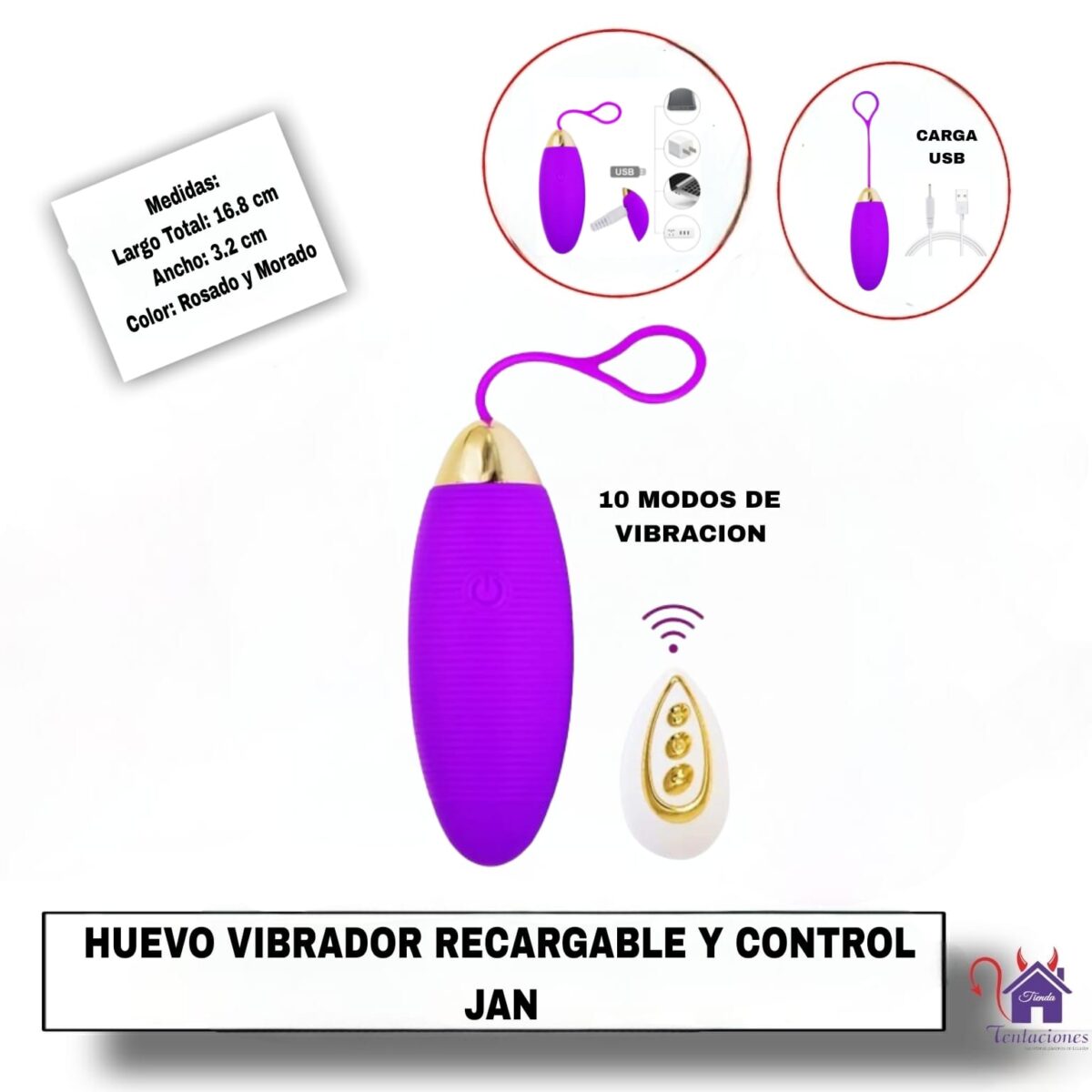 Esta imagen describe la Presentación y Medidas del Huevo Vibrador Recargable con Control Remoto Jan