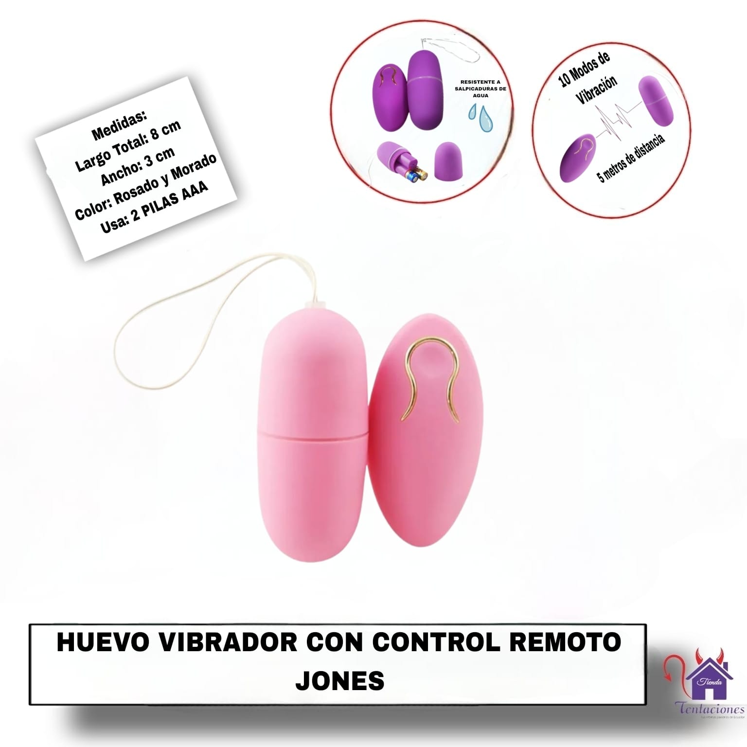 Esta imagen describe la Presentación y Medidas del Huevo Vibrador con Control Remoto Jones