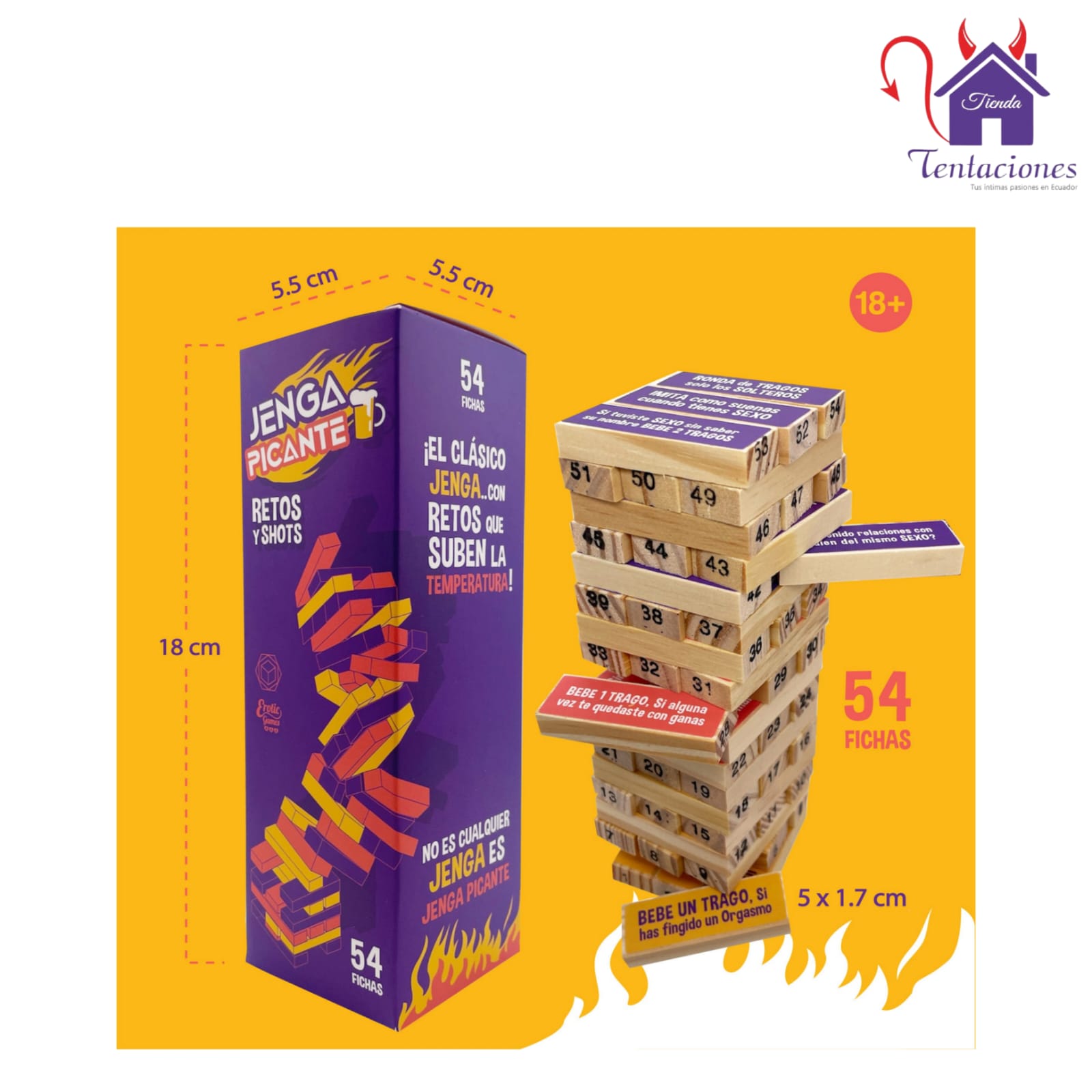 Esta imagen describe las Características y Medidas del Juego Jenga Picante