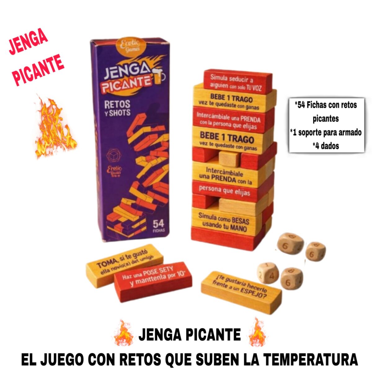 Esta imagen describe el Contenido y Características del Juego Jenga Picante