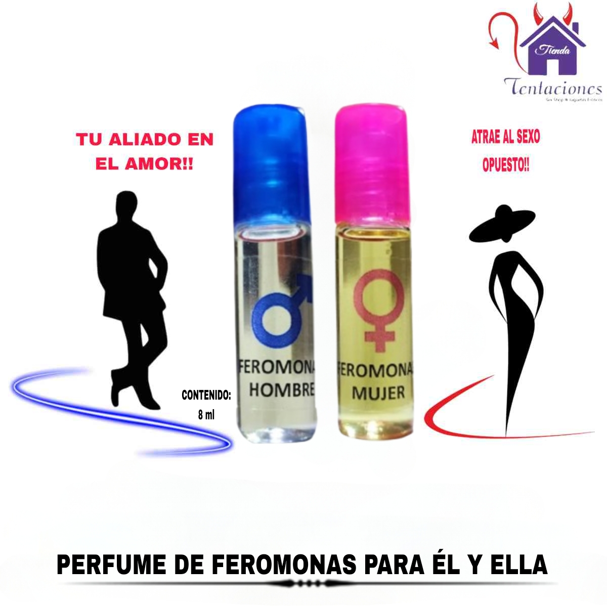 Esta imagen describe la Presentación y Características del Perfume con Feromonas para el y ella