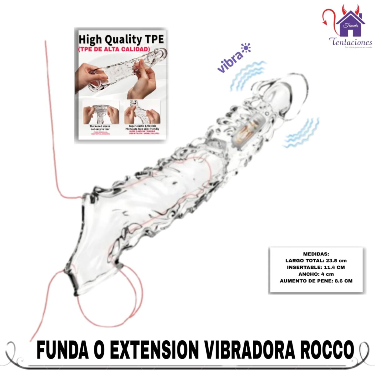 Esta imagen describe las Medidas y Presentación de la Funda o Extension Vibradora Rocco