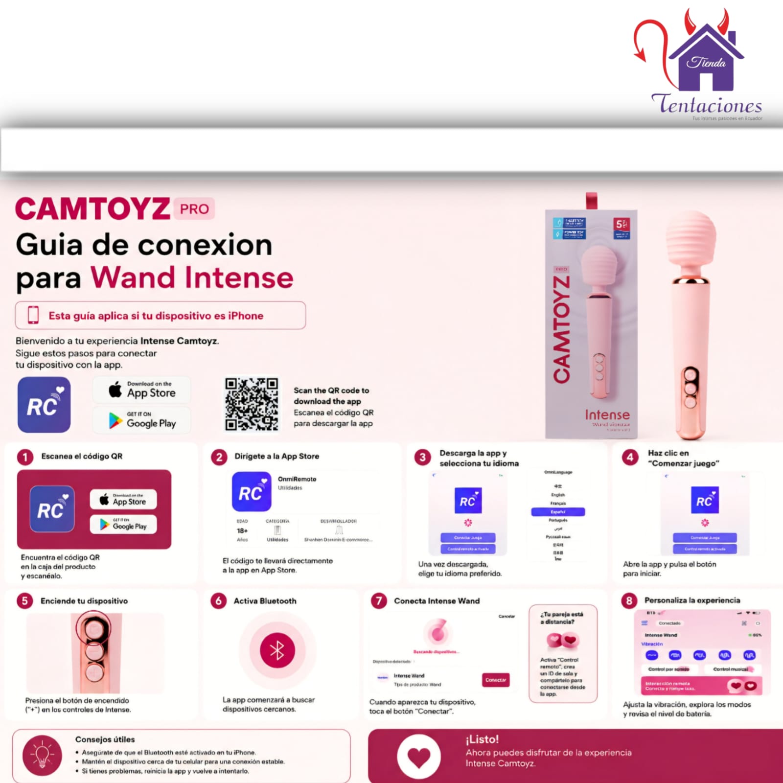 Esta imagen describe las Características y Forma de Uso del Intense Vibrador Wand con App