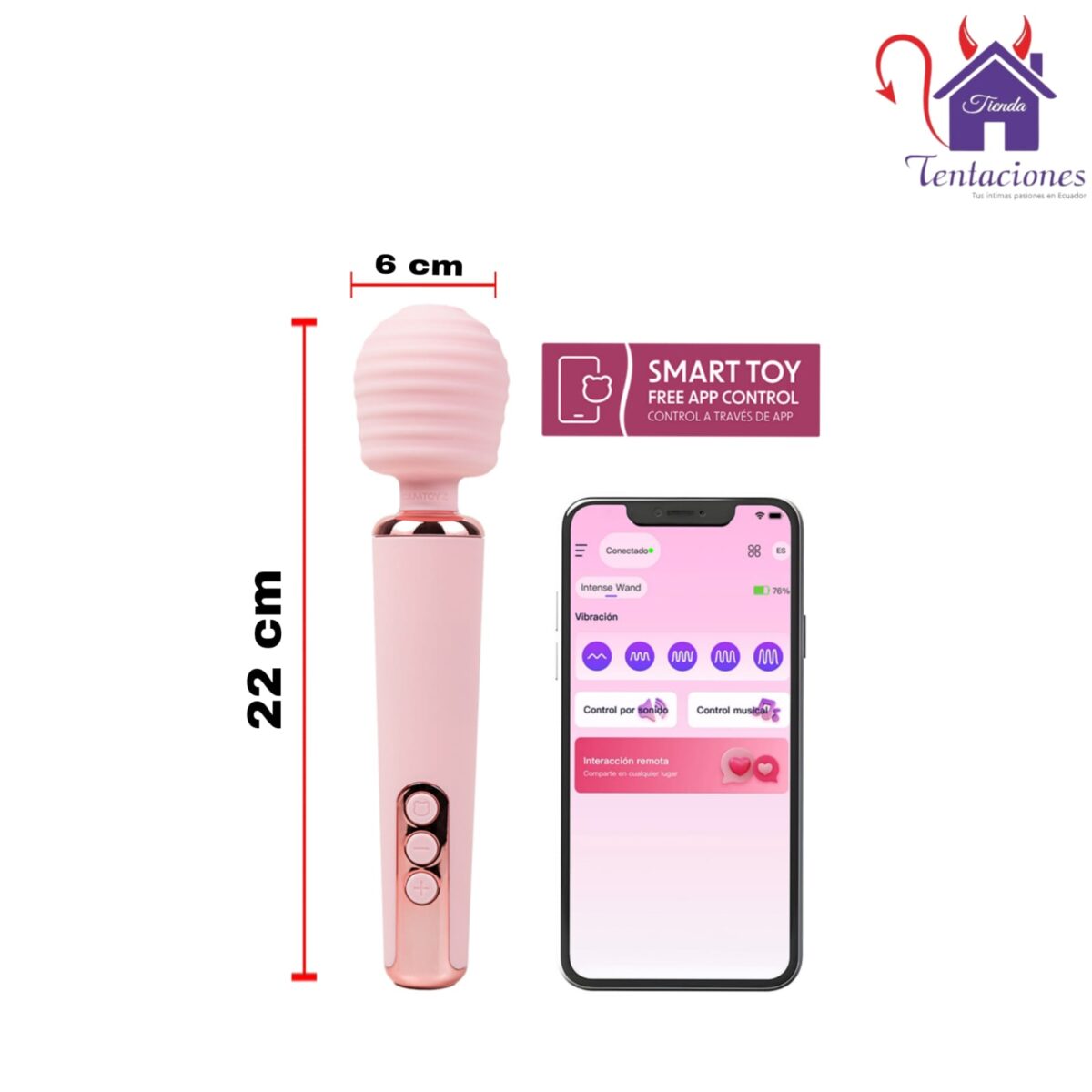 Esta imagen describe las Medidas y Forma de Uso Del Intense Vibrador Wand con App