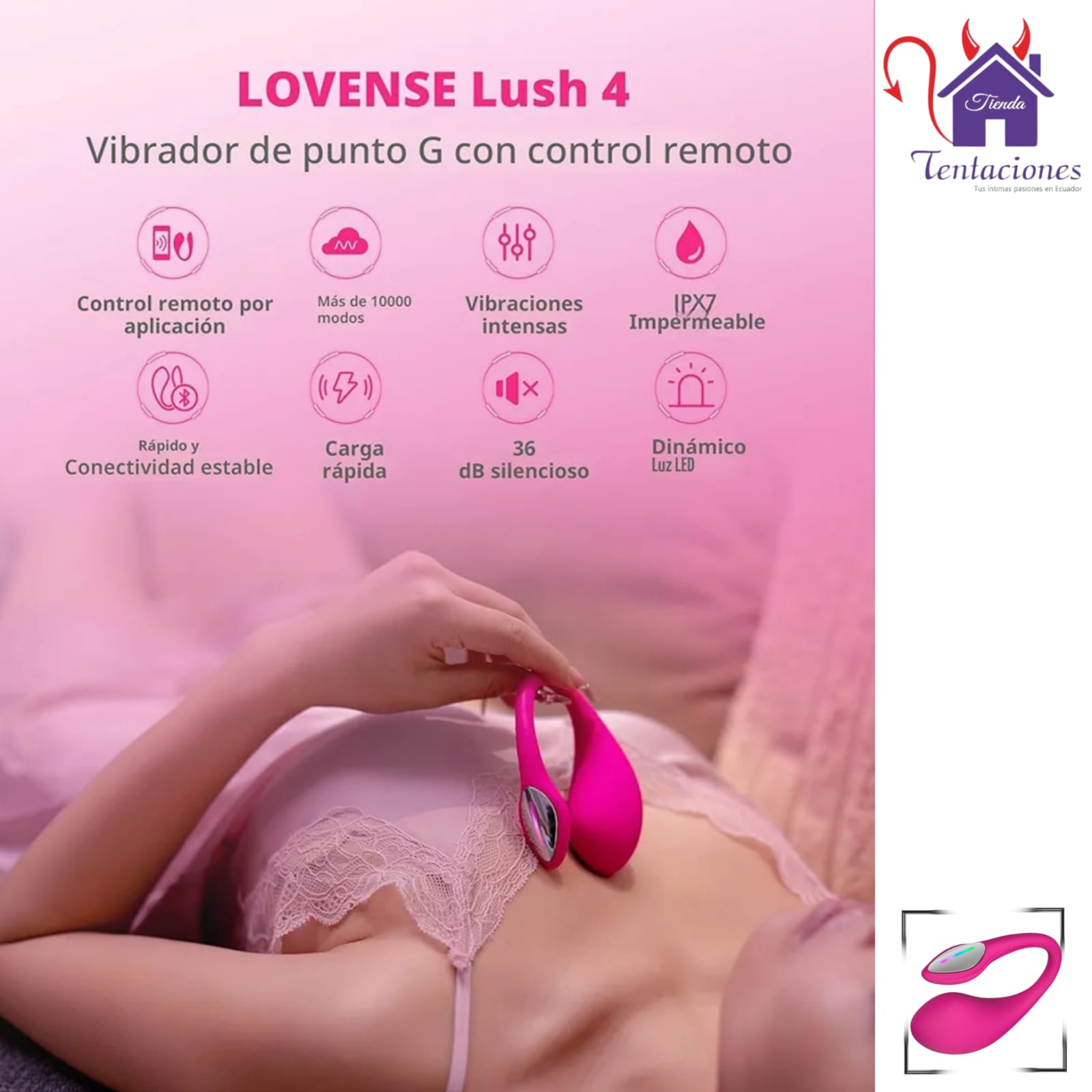 Esta imagen describe las Características y Forma de Uso del Lovense Lush 4 Vibrador