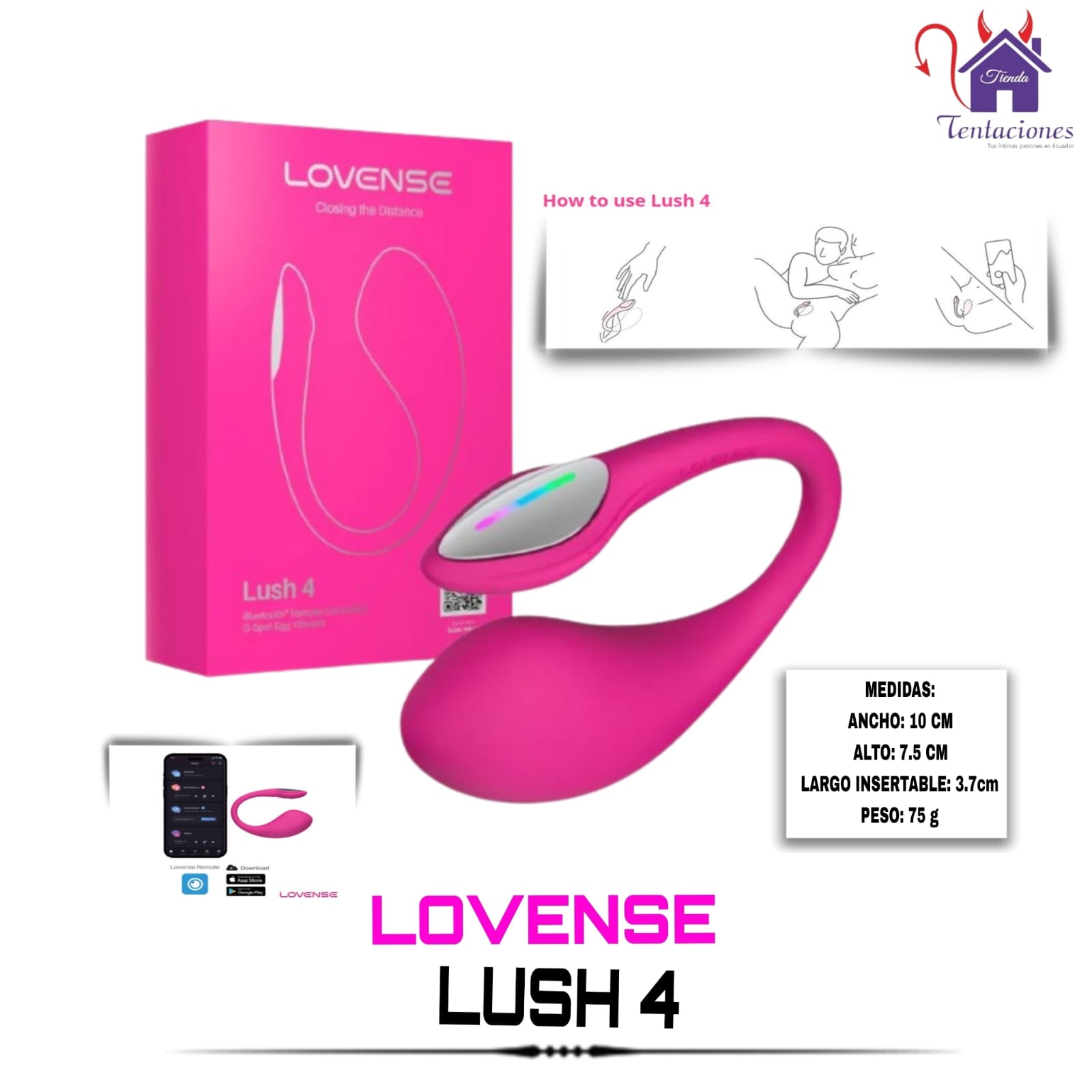 Esta imagen describe la Presentación y Medidas del Lovense Lush 4 Vibrador