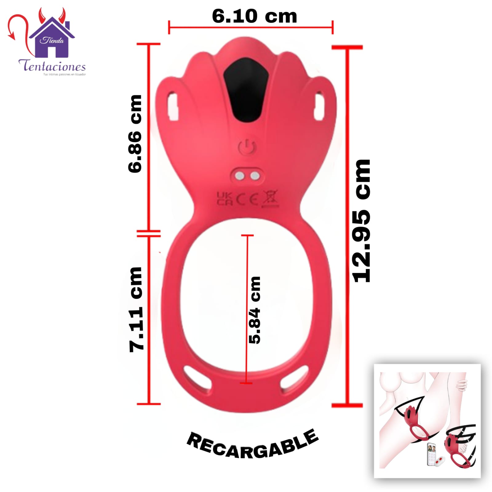 Esta imagen describe las Medidas y Características del Vibrador Shibui Recargable con Arnes Ajustable, control remoto inalambrico y App