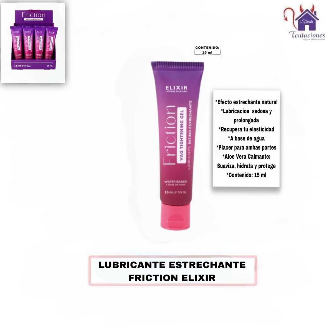 Esta imagen describe las Características y Contenido del Lubricante Estrechante Friction Elixir