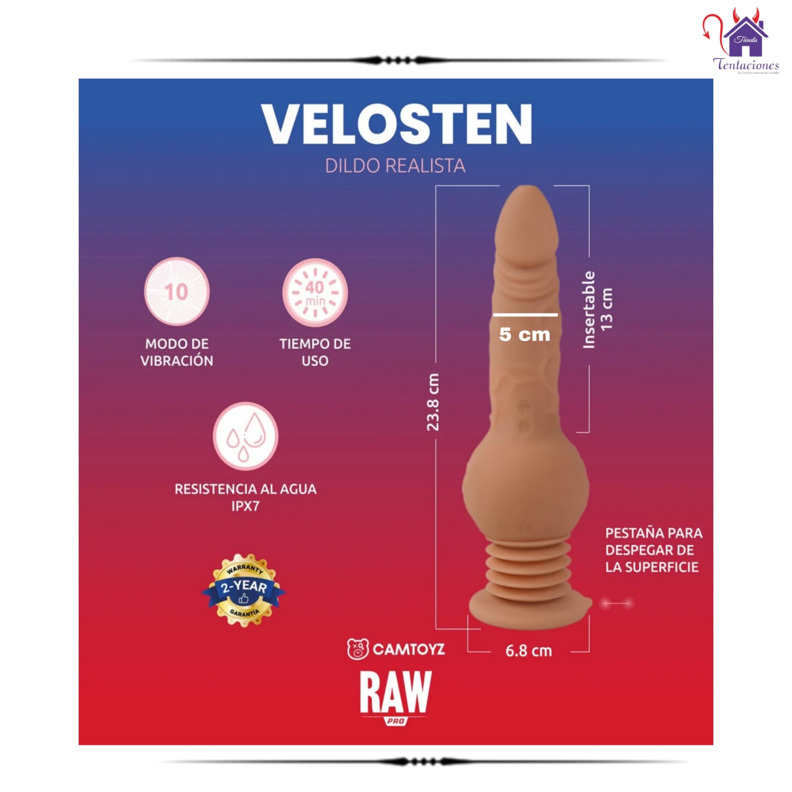 Esta imagen describe las Características y Presentación del Mini Sex Machine con ventosa Velosten
