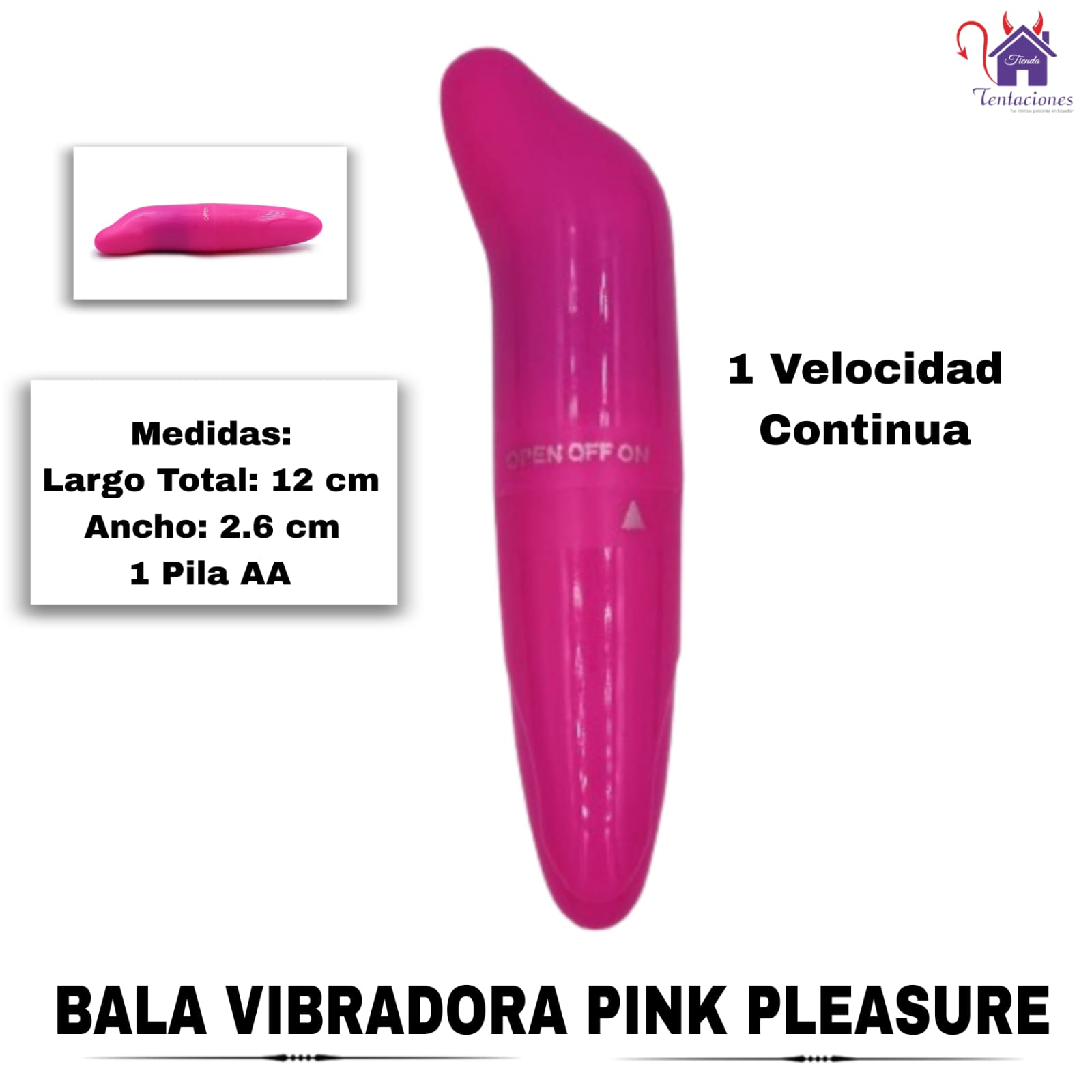 Esta imagen describe las Medidas y Contenido de la Bala Vibradora Pink Pleasure
