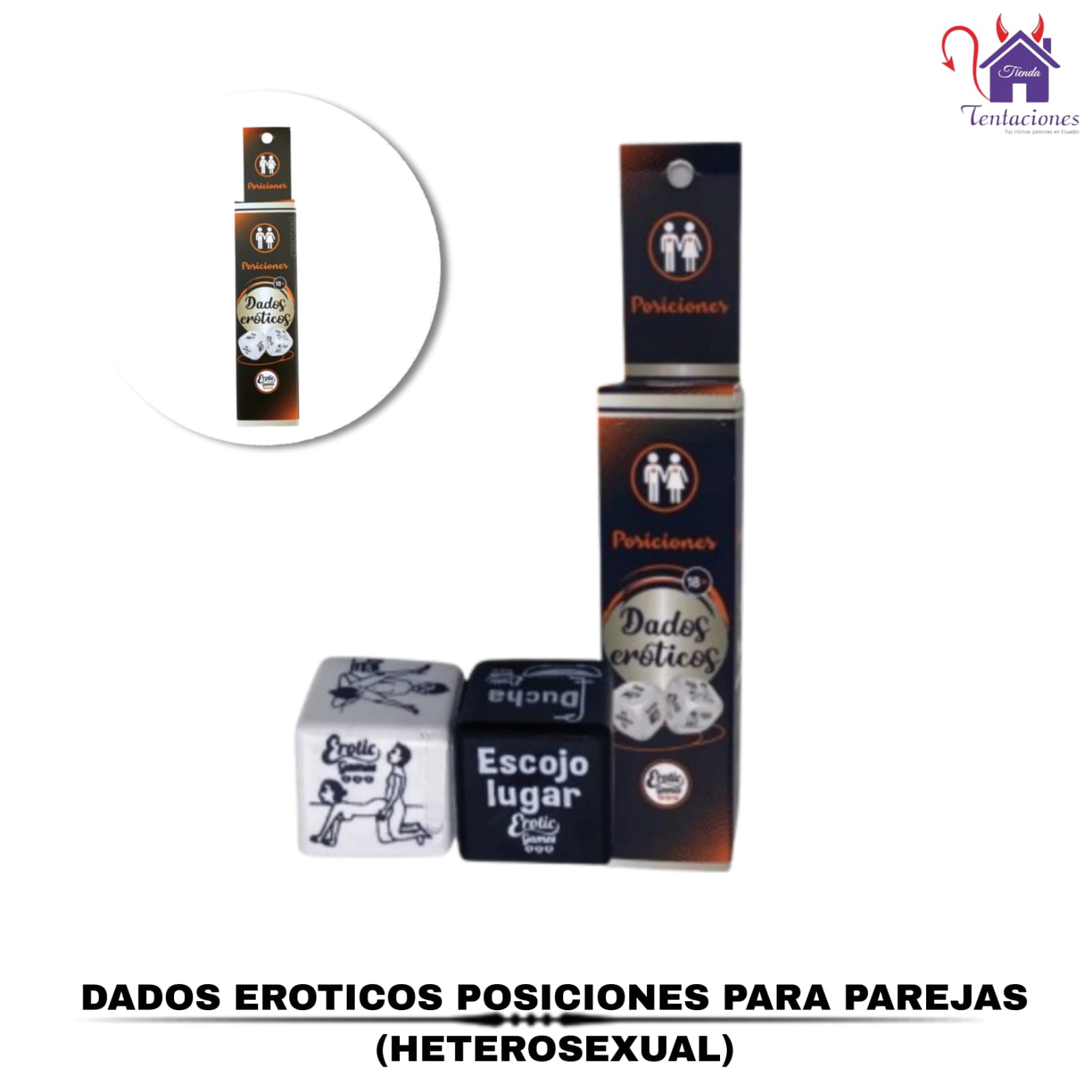 Esta imagen describe la Presentación y Medidas de los Dados Eróticos Posiciones para Parejas Heterosexual