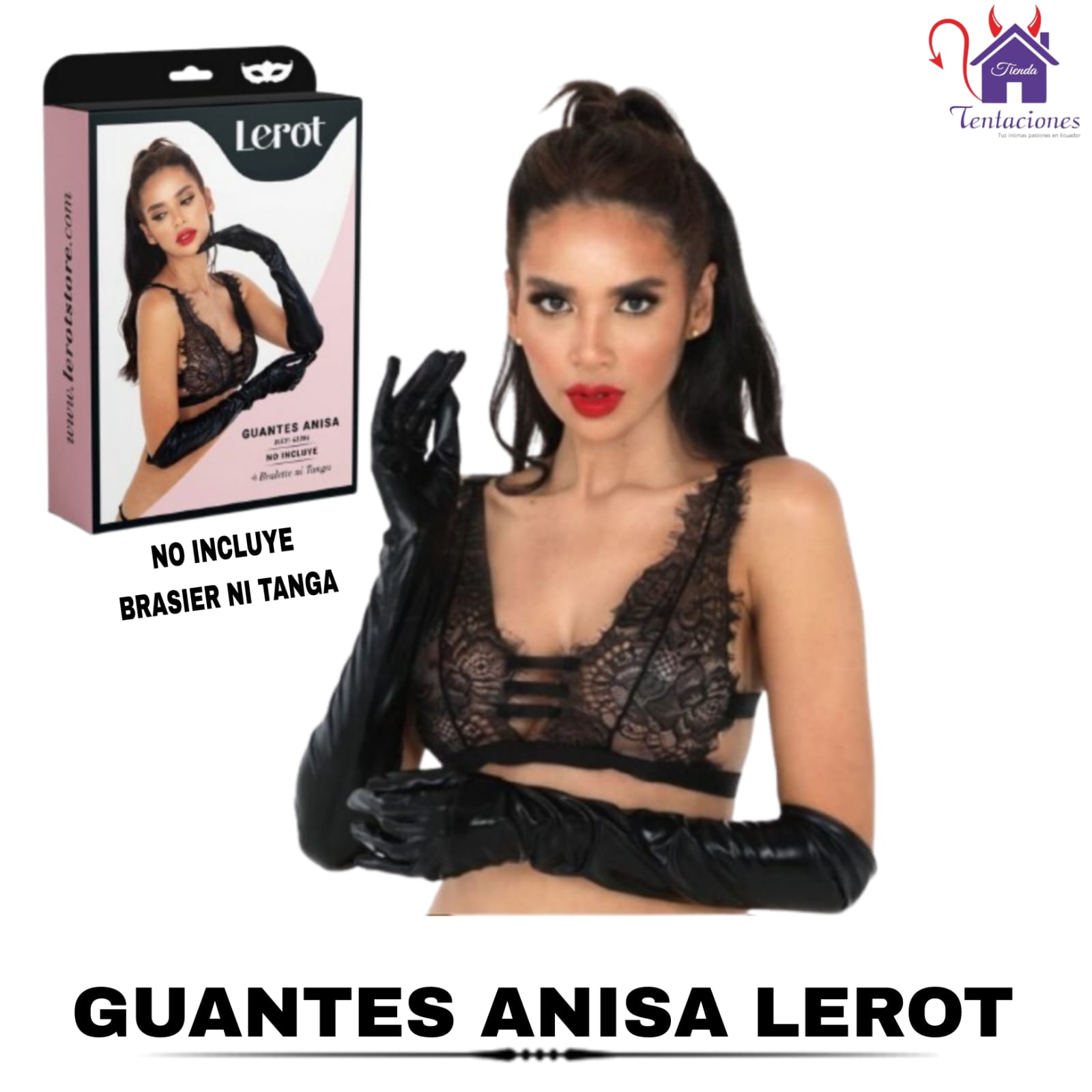 Esta imagen describe las Medidas y Presentación de los Guantes Anisa Lerot