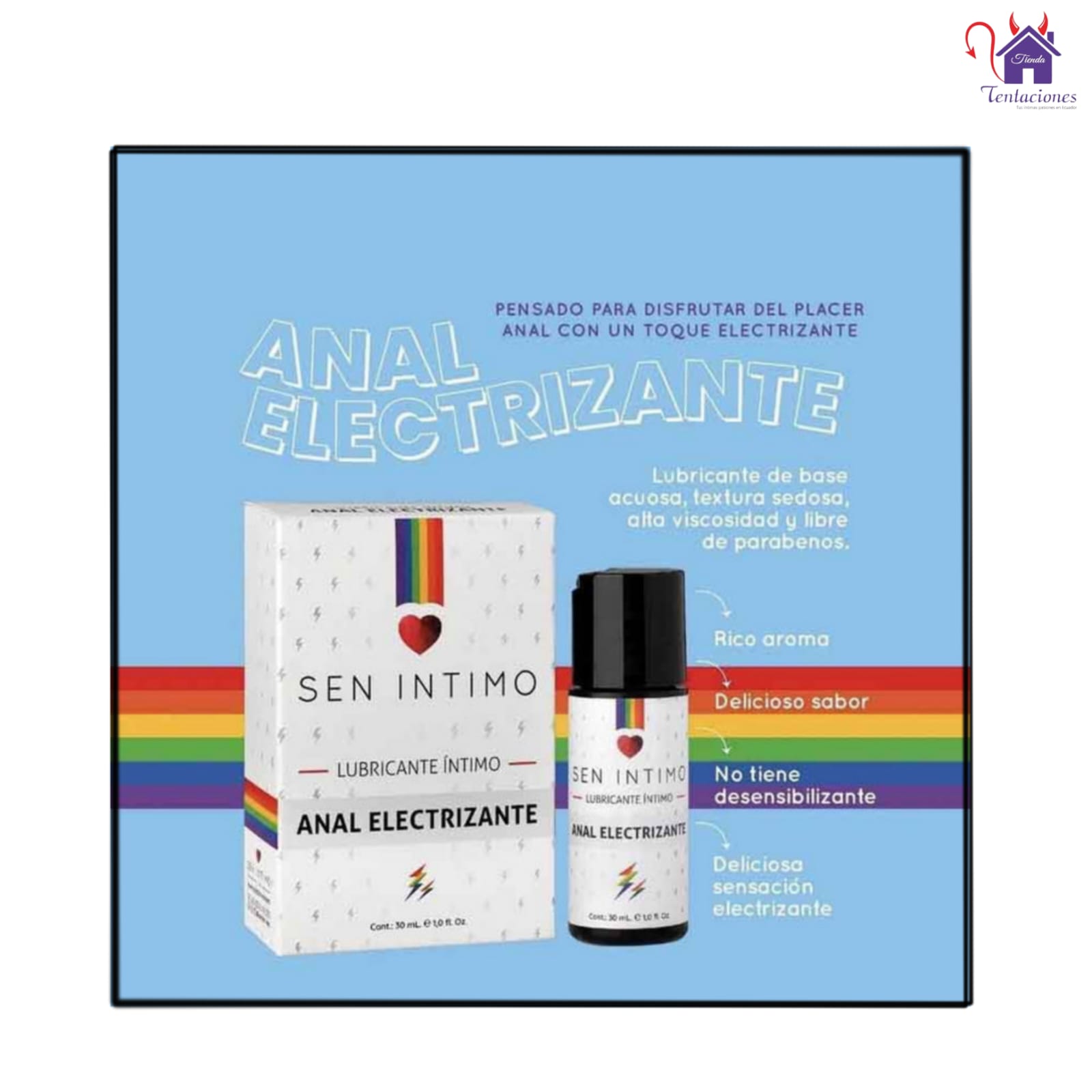 Esta imagen describe la Presentación y Medidas del Lubricante Anal Electrizante Sen Intimo