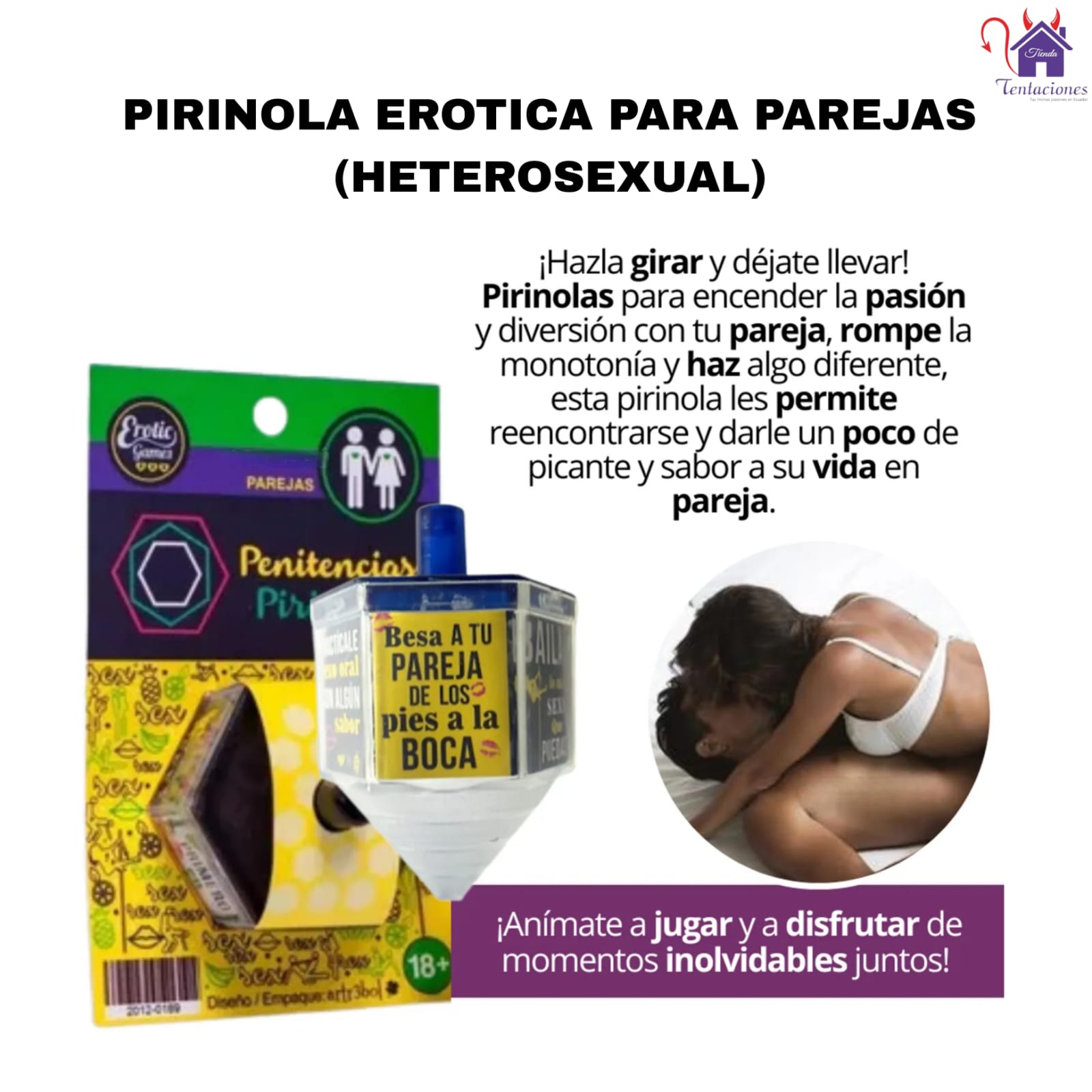 Esta imagen describe el Contenido y Presentación de la Pirinola Heterosexual Parejas Penitencias