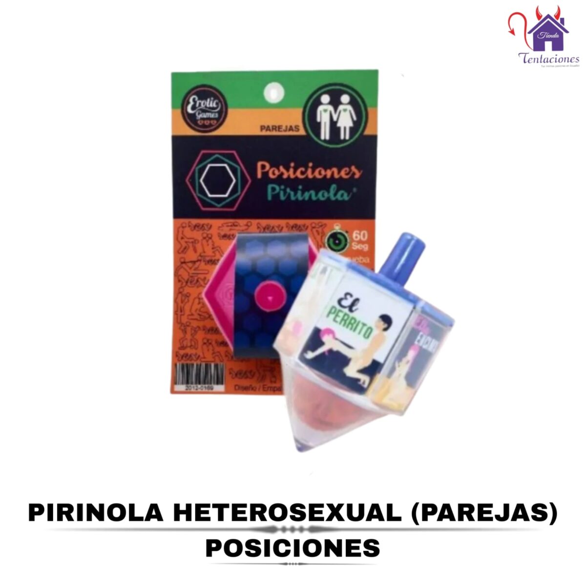 Esta imagen describe el Contenido y las Medidas de la Pirinola Heterosexual Parejas Posiciones