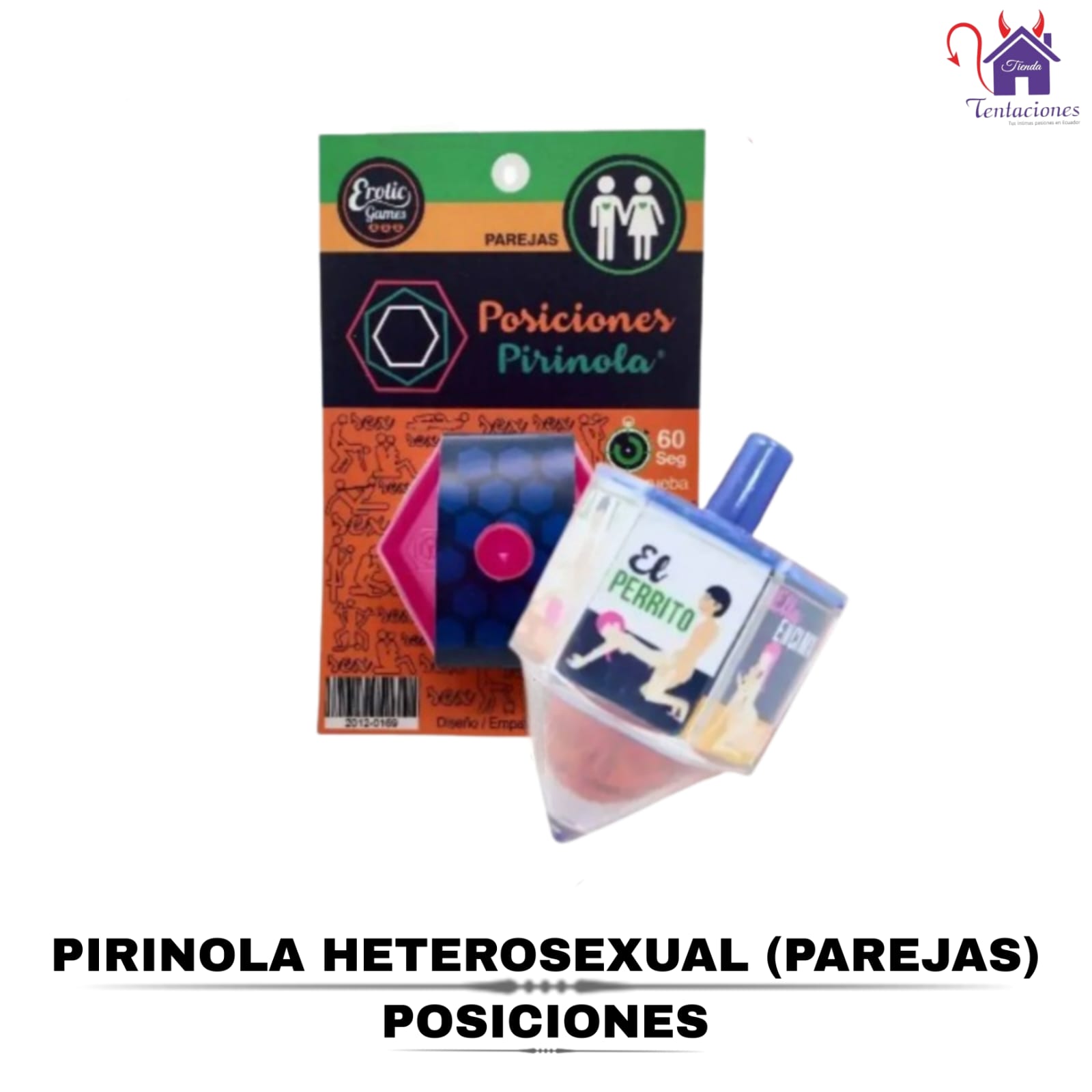 Esta imagen describe el Contenido y las Medidas de la Pirinola Heterosexual Parejas Posiciones