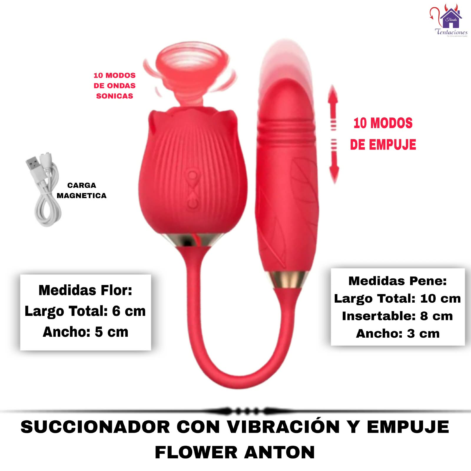 Esta imagen describe la Presentación y Características del Succionador con Vibración y Empuje Flower Anton