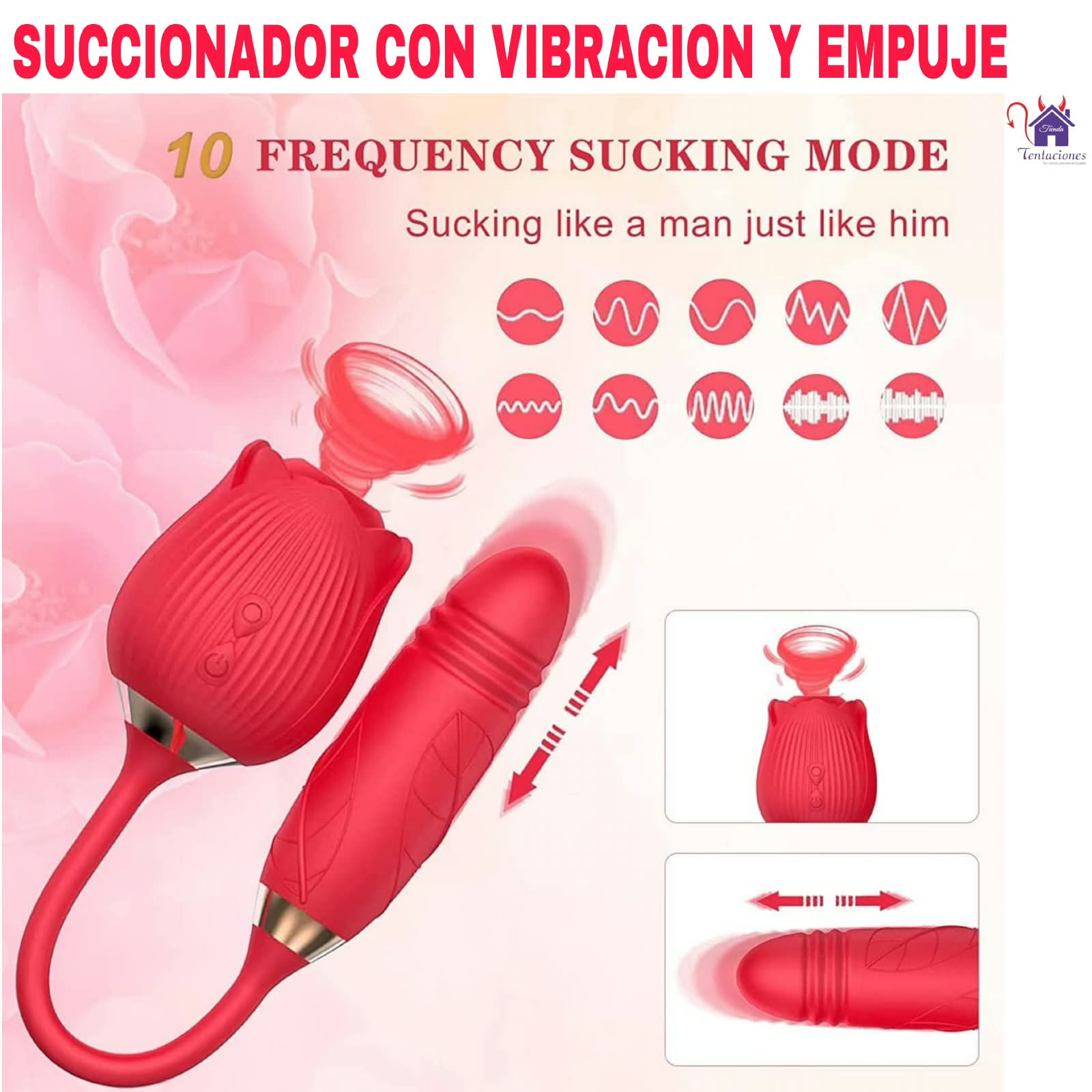 Esta imagen describe la Presentación y Medidas del Succionador con Vibración y Empuje Flower Anton
