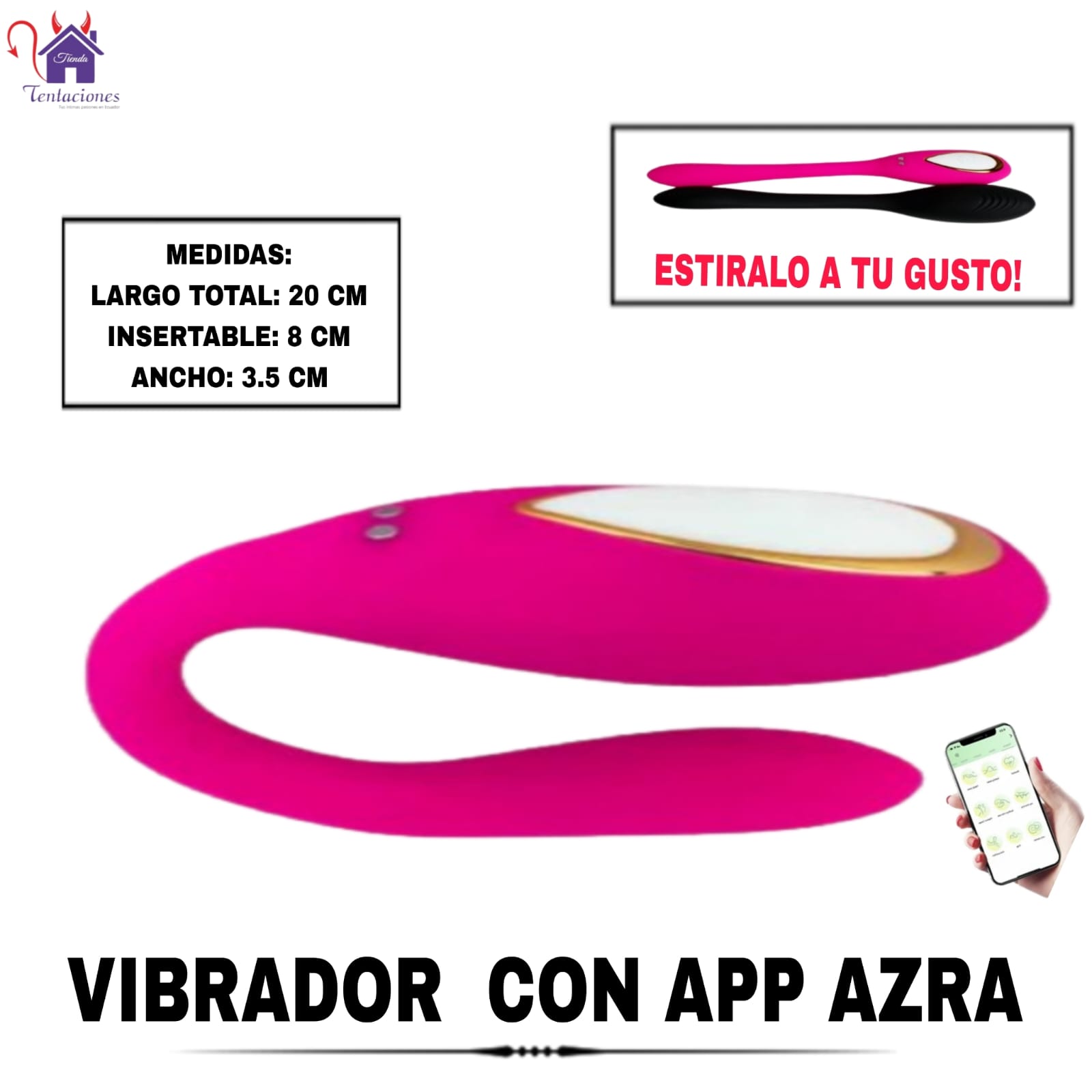 Esta imagen describe las Medidas y Características del Vibrador con App Azra