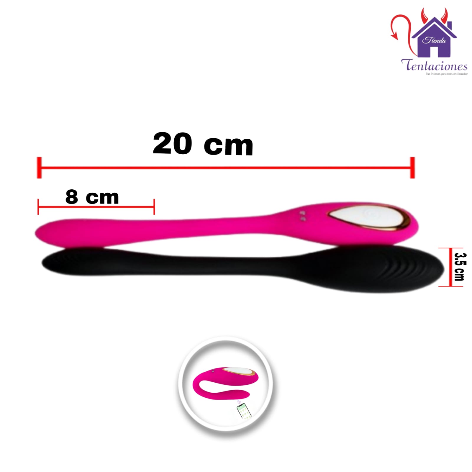 Esta imagen describe las Medidas y Forma de Uso del Vibrador con App Azra
