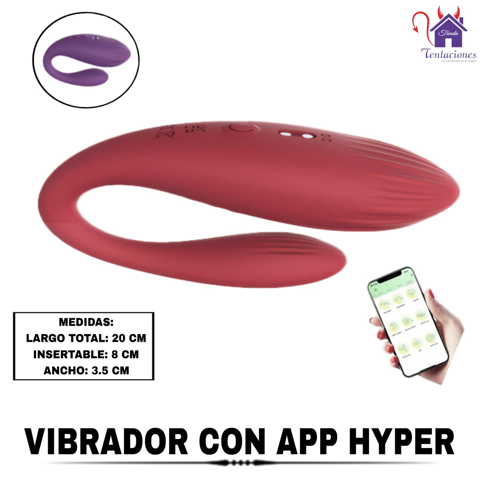 Esta imagen describe las Medidas y Características del Vibrador con App Hyper